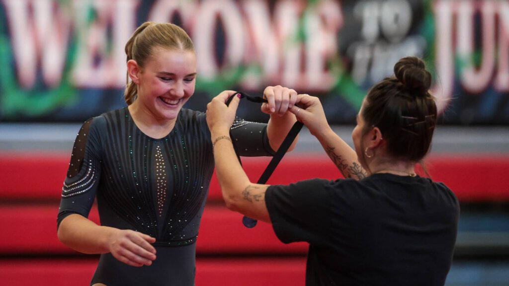 Lawrence, Free State FireLions Gymnastics at Sunflower League championship meet-167